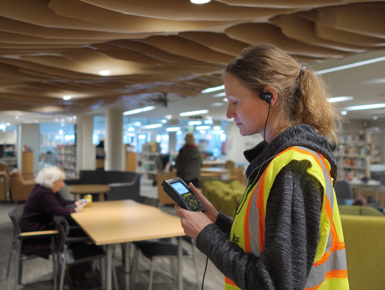 Acoustic engineer measuring sound masking levels in an active public library